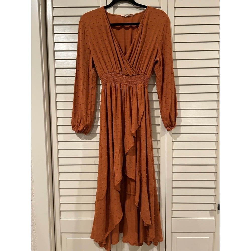 Kormei Rust V Neck High Low Flowy Boho Maxi Dress Size S